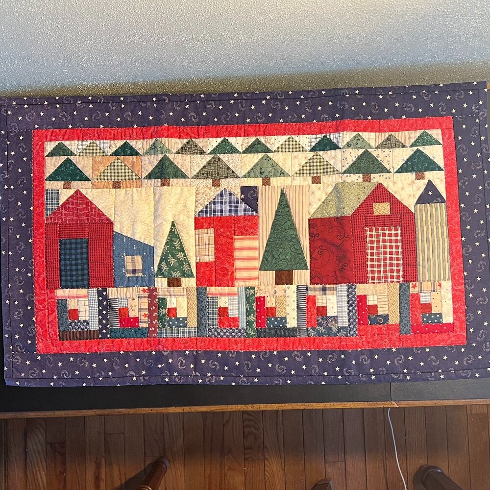 Hand Stitched Homemade Folk Art Patchwork Quilted Wall Hanging Table Runner Farm